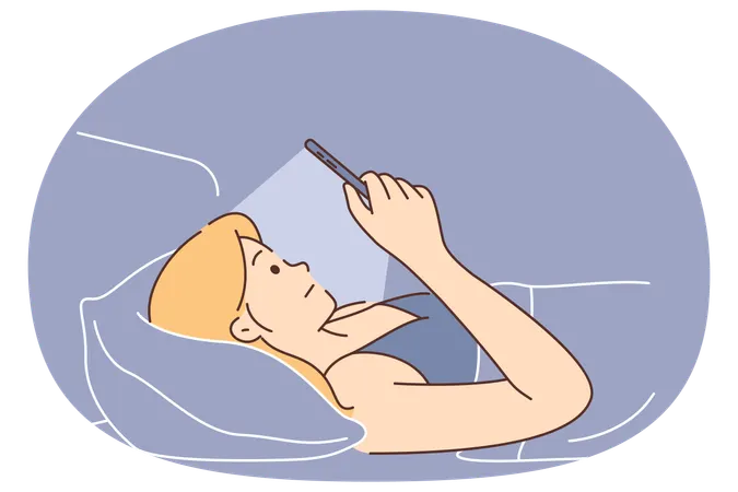 Woman suffers from mobile phone addiction using gadget lying in bed and refusing to sleep  Illustration
