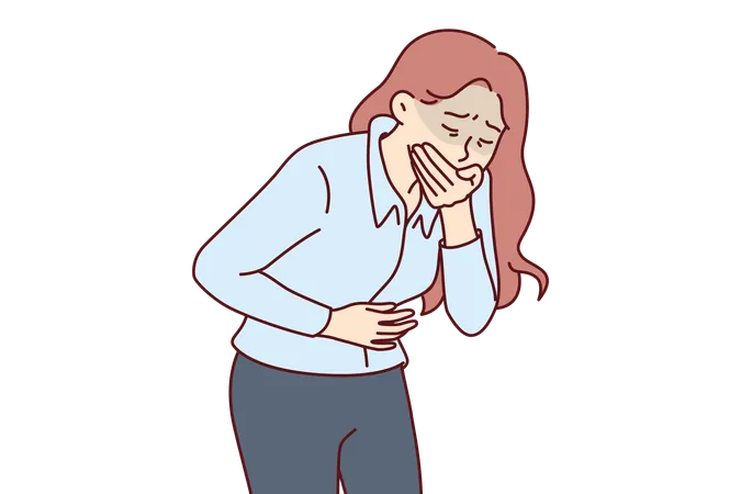Woman Suffers From Nausea And Covers Mouth With Hand After Poisoning Or Alcohol Intoxication Causing Vomiting Girl Feels Nausea Caused By Intestinal Disorder That Negatively Affects Health Illustration