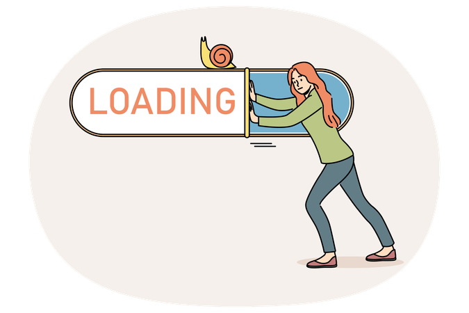 Woman suffers from slow internet and pushes loading bar with snail  Illustration
