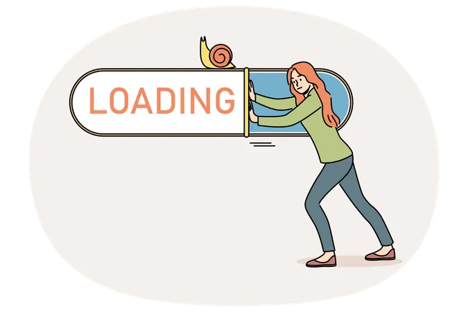 Woman suffers from slow internet and pushes loading bar with snail  Illustration
