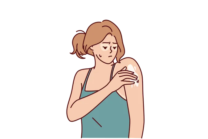 Woman With Sunburned Applies Healing Cream On Shoulder To Repair Skin After Exposure To Ultraviolet Sad Girl Who Has Sunburned Face And Hands Suffers From Itching Or Flaky Skin Causing Pain Illustration