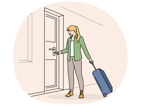 Woman suitcase open door with key  Illustration