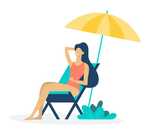 Woman Sitting On The Chaise Lounge Under The Sun Umbrella Vacation On The Beach Pretty Female Character Relaxing Vector Illustration In Cartoon Style Illustration