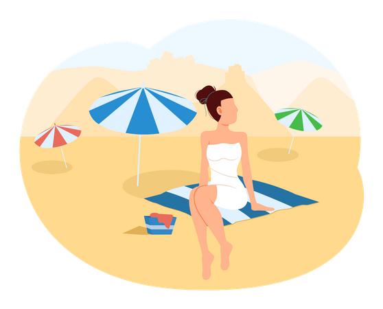 Woman sunbathing at beach Illustration