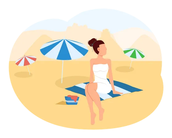 Busan Tourist Travel Poster With Beach And Ocean Summer Tourism In City In South Korea Female Character Rests And Spends Time On Sandy Beach In Busan Summer Resort In Korea Relaxing On Beach Illustration