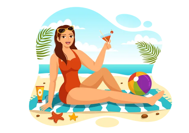 Sunbathing Vector Illustration Of People Lying On Chaise Lounge And Relaxing On Beach Summer Holidays In Flat Cartoon Hand Drawn Templates イラスト