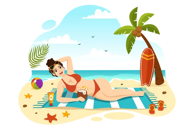 Sunbathing Vector Illustration Of People Lying On Chaise Lounge And Relaxing On Beach Summer Holidays In Flat Cartoon Hand Drawn Templates Illustration