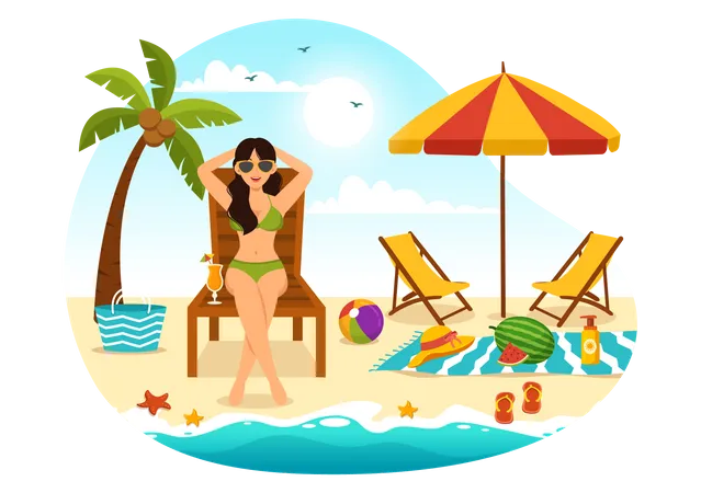 Sunbathing Vector Illustration Of People Lying On Chaise Lounge And Relaxing On Beach Summer Holidays In Flat Cartoon Hand Drawn Templates イラスト