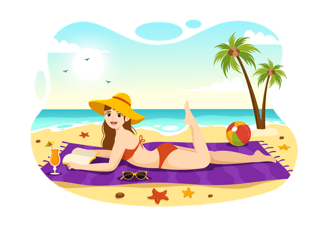 Woman Sunbathing At Beach  イラスト