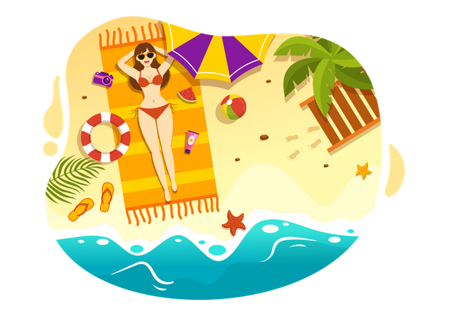 Woman Sunbathing At Beach  Illustration