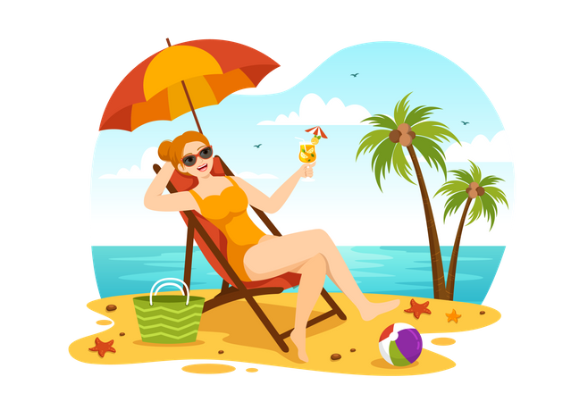 Woman  Sunbathing At Beach  Illustration