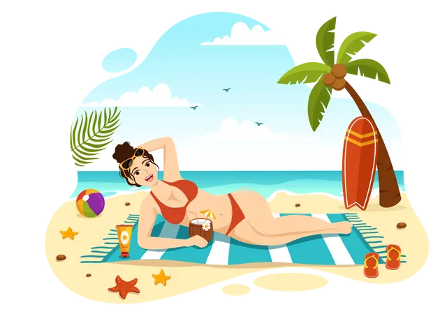 Woman Sunbathing At Beach  Illustration