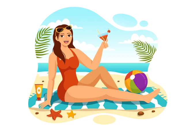 Woman Sunbathing At Beach  Illustration