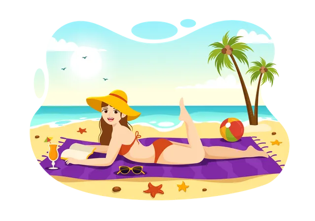 Woman Sunbathing At Beach  Illustration