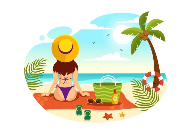 Woman Sunbathing At Beach  Illustration