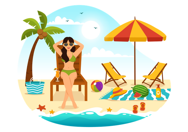 Woman Sunbathing At Beach  Illustration