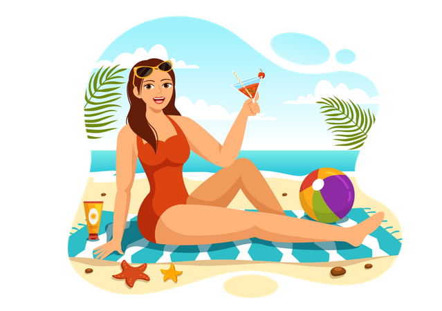 Woman Sunbathing At Beach  일러스트레이션