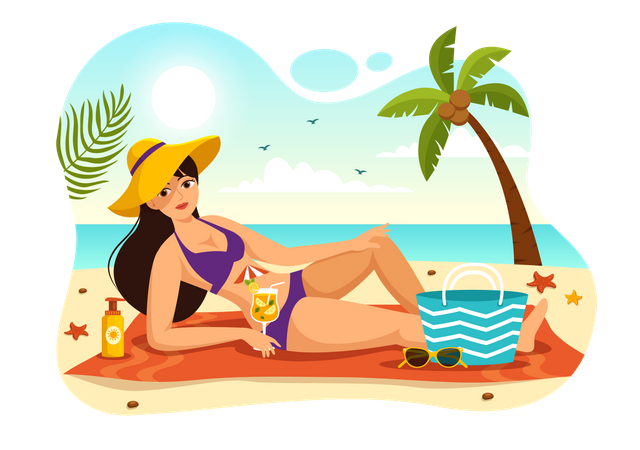 Woman Sunbathing At Beach  일러스트레이션