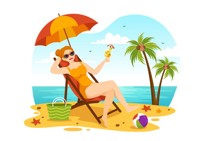Woman  Sunbathing At Beach  일러스트레이션