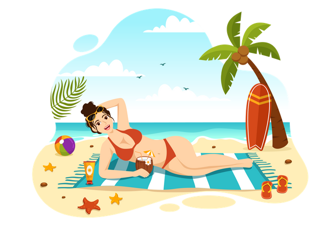 Woman Sunbathing At Beach  일러스트레이션