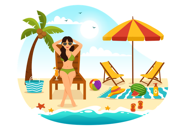 Woman Sunbathing At Beach  일러스트레이션