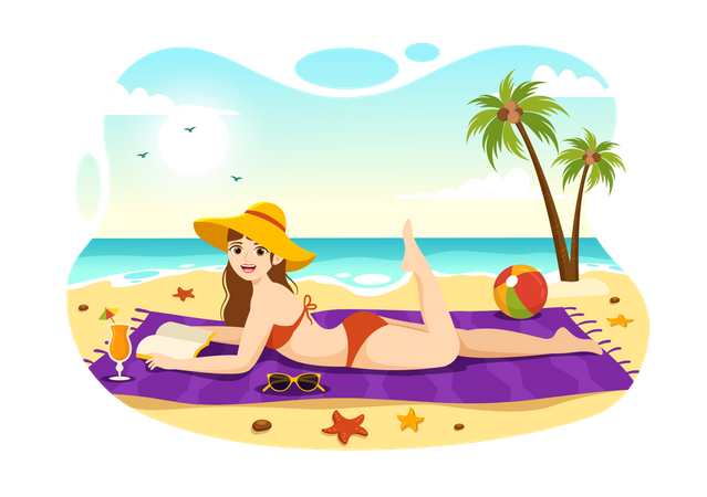 Woman Sunbathing At Beach  일러스트레이션