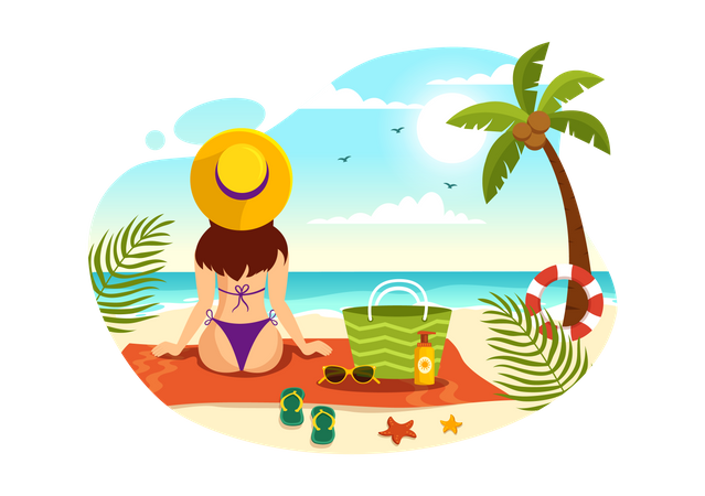Woman Sunbathing At Beach  일러스트레이션