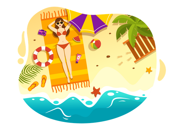 Woman Sunbathing At Beach  일러스트레이션
