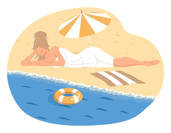 Woman Relaxing On Sun Under Beach Umbrella On Vacation Sunbathing On Sandy Shore Near Water Summer Fun Girl Enjoying Rest By Sea On Vacation In Warm Country On Ocean Coast In Modern Resort イラスト