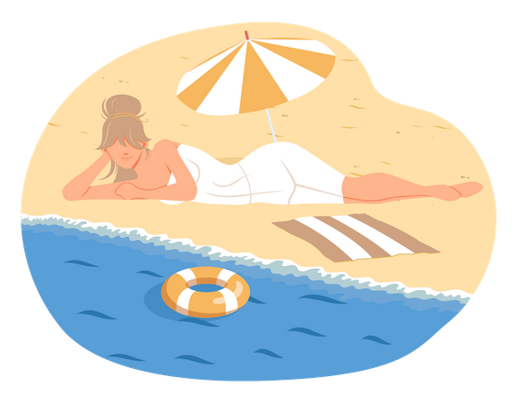 Woman sunbathing on sandy shore near water  Illustration