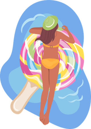 Woman sunbathing while swimming on rubber lollypop candy mattress above view  Illustration