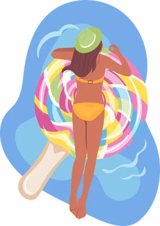 Woman sunbathing while swimming on rubber lollypop candy mattress above view  Illustration