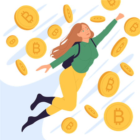 Woman superhero investor flying among crypto gold coins  Illustration