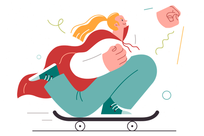 Woman superhero rides on skateboard with hand raised up  Illustration