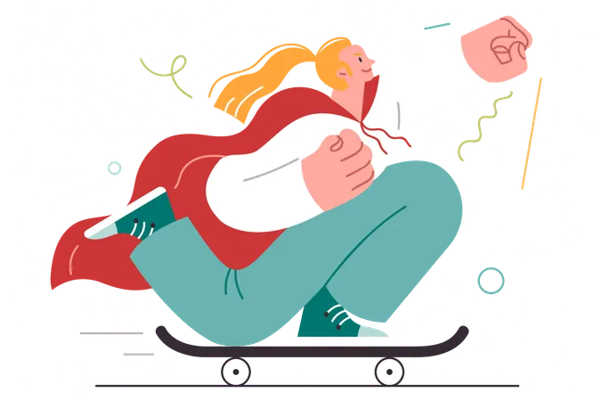 Woman superhero rides on skateboard with hand raised up  イラスト