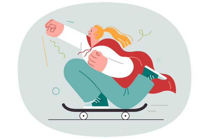 Woman superhero rides on skateboard with hand raised up and rushes to save world dressed in cape  Illustration
