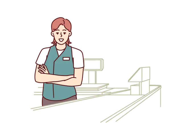 Woman Supermarket Cashier Stands In Checkout Area Of Store And Looks Proudly Into Camera With Arms Crossed Girl In Uniform Of Grocery Store Cashier For Advertising Vacancies In Retail Business Illustration