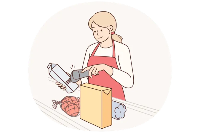 Woman supermarket cashier uses scanner to read barcodes on products of selected shop customers  Illustration