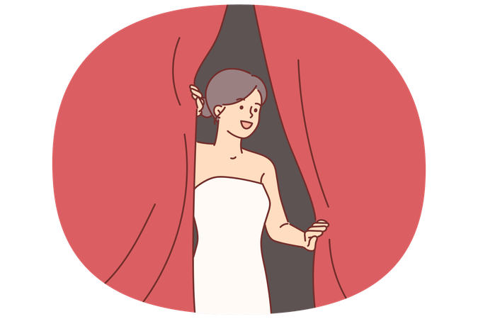 Woman superstar looks out from behind curtains of theater waiting to go on stage  Illustration