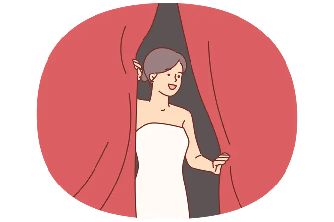 Woman superstar looks out from behind curtains of theater waiting to go on stage  Illustration