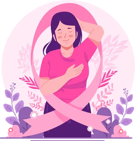 Breast Cancer Awareness Month A Woman With A Ribbon Pink Disease Prevention Solidarity Charity And Support Campaign Illustration