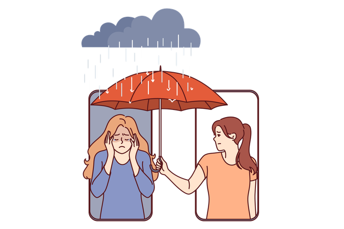 Woman supports upset friend by holding umbrella over girl head  Illustration