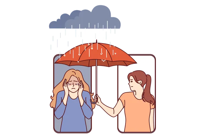 Woman supports upset friend by holding umbrella over girl head  Illustration