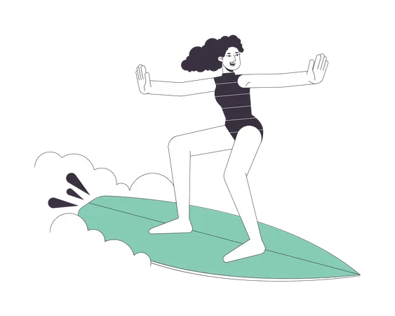 Woman Surfer Flat Line Vector Spot Illustration Girl Surfing Big Wave 2 D Cartoon Outline Character On White For Web UI Design Caucasian Woman In Surf Wetsuit Editable Isolated Colorful Hero Image Illustration