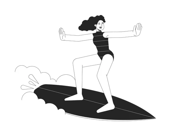 Woman Surfer Bw Vector Spot Illustration Girl Surfing Big Wave 2 D Cartoon Flat Line Monochromatic Character For Web UI Design Caucasian Woman In Surf Wetsuit Editable Isolated Outline Hero Image Illustration