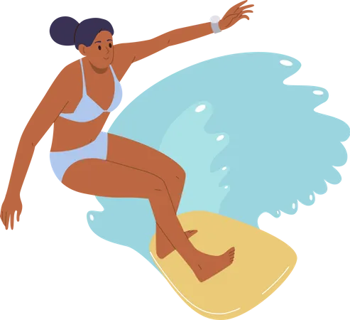 Woman Surfer Cartoon Character Extreme Board Rider Character Enjoying Fun Summer Leisure Water Sports Activity Vector Illustration Isolate Design Seasonal Adventure And Tropical Resort Vacation Illustration