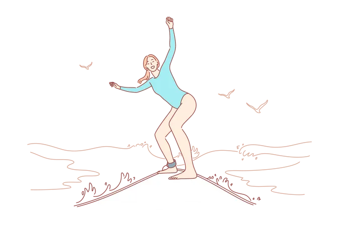 Surfing Sport Summer Vacation Concept Young Happy Woman Surfer In Bikini Girl Teenager Athlete Cartoon Character Riding On Board Catching Ocean Or Sea Waves Extreme Activity And Active Lifestyle Illustration