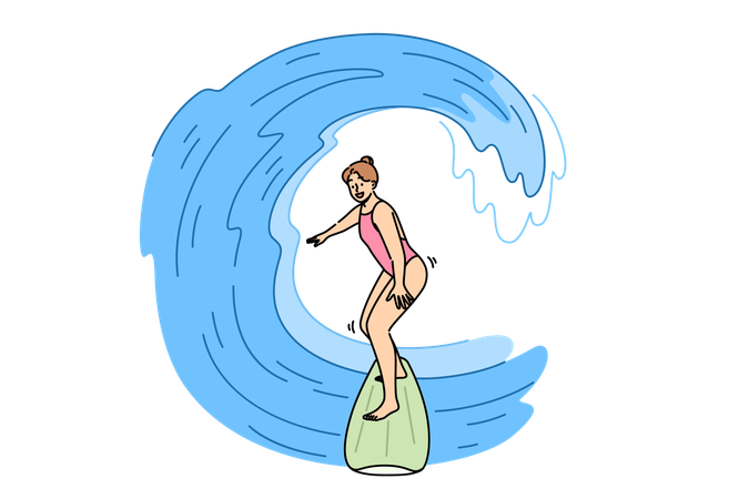 Woman surfer rides waves on surfboard  Illustration