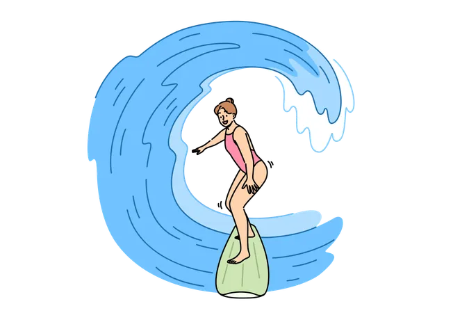 Woman surfer rides waves on surfboard  Illustration