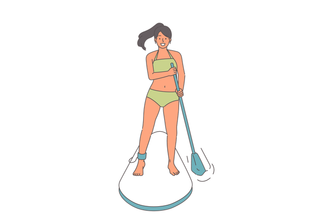 Woman surfer uses SUP board to float down river and rows paddle to adjust direction  Illustration